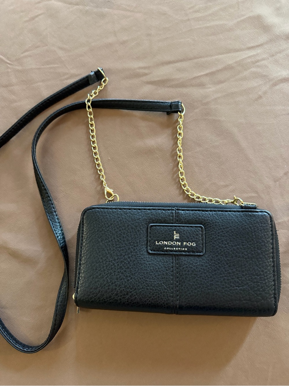 London Fog Black Crossbody Wallet with Gold Chain Strap
